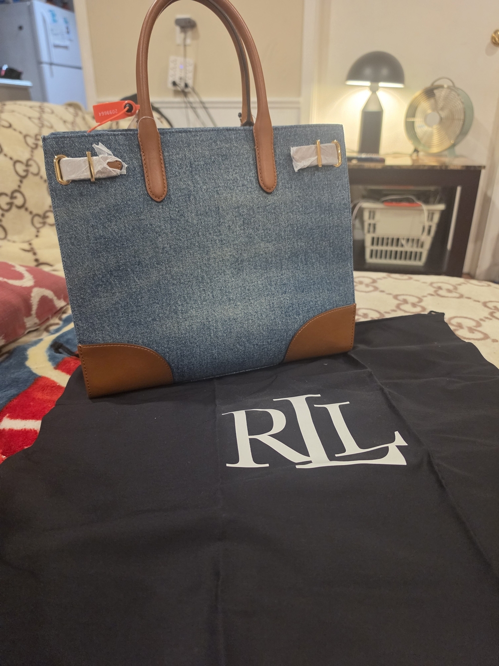 Ralph Lauren Blue Denim & Brown Leather Tote Bag